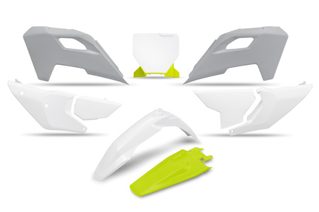 UFO 2024/11 KOMPLET PLASTIKÓW HUSQVARNA TC 125 / 250 '23-'24, FC 250 / 350 / 450 '23-'24, FX 350 / 450 '23-'24, TX 300 '24, KOLOR OEM '24 ( BIAŁY / ŻÓŁTY ) (PRZEDŁUŻONA TABLICA NA NUMER STARTOWY)