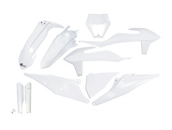 UFO KOMPLET PLASTIKÓW (FULL KIT) Z OSŁONAMI TELESKOPÓW (AMORTYZATORÓW) KTM EXC 125 '20-'21, EXC 250 / 300 TPI '20-'23, EXC-F 250 / 350 / 450 / 500 '20-'23 KOLOR BIAŁY