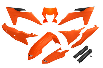 UFO 2024/11 KOMPLET PLASTIKÓW (FULL KIT) Z OSŁONAMI TELESKOPÓW (AMORTYZATORÓW) KTM EXC 150 / 250 / 300 TBI '24-'25, EXC-F 250 / 350 / 450 / 500 '24-'25 KOLOR OEM '25 ( POMARAŃCZOWY / CZARNY )