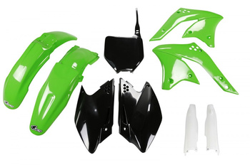 UFO KOMPLET PLASTIKÓW (FULL KIT) Z OSŁONAMI TELESKOPÓW (AMORTYZATORÓW) KAWASAKI KXF 250 '08 KOLOR OEM (ZIELONY/CZARNY) (KA210E999)