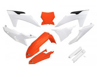 UFO KOMPLET PLASTIKÓW (FULL KIT) Z OSŁONAMI TELESKOPÓW (AMORTYZATORÓW) KTM SX 125 / 250 / 300 TBI '23-'24, SX-F 250 / 350 / 450 '23-'24 KOLOR OEM BIAŁY POMARAŃCZOWY