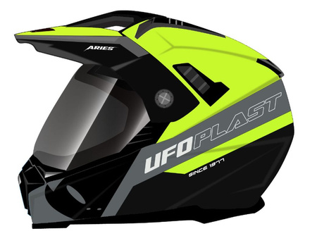 UFO KASK ARIES OFFROAD / DUAL / TOURER / CROSSOVER Z SZYBĄ, DASZKIEM I BLENDĄ PRZECIWSŁONECZNĄ KOLOR CZARNY/SZARY/ŻÓŁTY FLUO ROZMIAR S ( ECE 22R06 ) - KOLEKCJA 2024