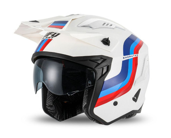 UFO KASK SHERATAN JET / TRIAL Z BLENDĄ PRZECIWSŁONECZNĄ KOLOR BIAŁY NIEBIESKI CZERWONY ROZMIAR XS ( ECE 22R06 ) - KOLEKCJA 2025