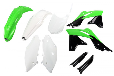 UFO KOMPLET PLASTIKÓW (FULL KIT) Z OSŁONAMI TELESKOPÓW (AMORTYZATORÓW) KAWASAKI KXF 250 '13-'16 KOLOR OEM '14-'15 (ZIELONY/BIAŁY/CZARNY) (KA221E999)