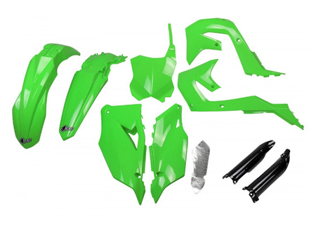 UFO KOMPLET PLASTIKÓW (FULL KIT) Z OSŁONAMI TELESKOPÓW (AMORTYZATORÓW) KAWASAKI KXF 250 '21-24, KXF 450 '19-23 KOLOR OEM ZIELONY CZARNY