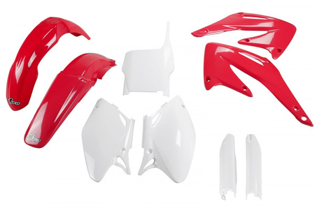 UFO KOMPLET PLASTIKÓW (FULL KIT) Z OSŁONAMI TELESKOPÓW (AMORTYZATORÓW) HONDA CRF 450 R '04 KOLOR OEM (CZERWONY/BIAŁY) (HO107E999)