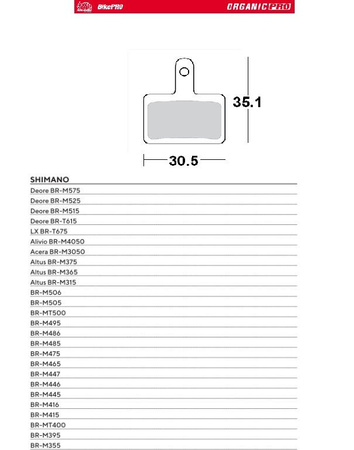 MOTO-MASTER WYPRZEDAŻ BIKE PRO KLOCKI HAMULCOWE ROWEROWE ORGANICZNE PRO PASUJE DO SHIMANO DEORE BR-M575, BR-M525, BR-M515, BR-T615, BR-M506, BR-M505, BR-MT500, BR-M495, BR-M486, BR-M485, BR-M475, TEKTRO