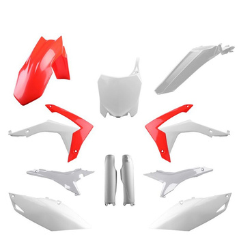POLISPORT KOMPLET PLASTIKÓW (FULL KIT) HONDA CRF 250R '14-'17; CRF 450R '13-'16 W ZESTAWIE TABLICA PRZEDNIA (8659400002) I OSŁONY AMORTYZARORÓW (8351700001) KOLOR BIAŁO CZERWONY OEM