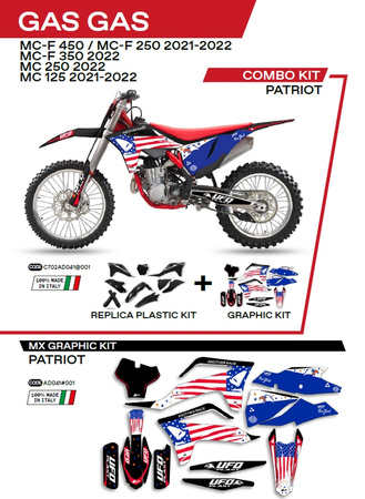 UFO KOMPLET PLASTIKÓW GGKIT702001 PLUS KOMPLET NAKLEJEK (OKLEIN) GAS GAS MC 125 '21-'22; MC 250 '22; MCF 250/350/450 '21-'22 W ZESTAWIE PRZEDNIA TABLICA (GG07130) ORAZ OSŁONY AMORTYZATORÓW (GG07131) PATRIOT KOLOR CZARNY - WYPRZEDAŻ