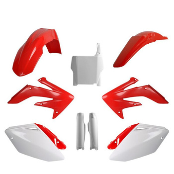 POLISPORT KOMPLET PLASTIKÓW (FULL KIT) HONDA CRF 250R '04-'05 W ZESTAWIE TABLICA PRZEDNIA (8661900001) I OSŁONY AMORTYZARORÓW (8351700001) KOLOR CZERWONO BIAŁY OEM