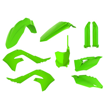 POLISPORT KOMPLET PLASTIKÓW KAWASAKI KX 250F '21-'24; KX 450F '19-'23 W ZESTAWIE TABLICA PRZEDNIA (8665900006) I OSŁONY AMORTYZARORÓW (8351800008) KOLOR ZIELONY (LIME GREEN)