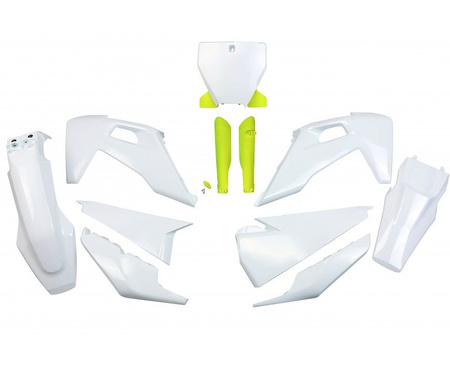 UFO KOMPLET PLASTIKÓW (FULL KIT) Z OSŁONAMI TELESKOPÓW (AMORTYZATORÓW) HUSQVARNA TC 125/250 '19-'22, FC 250/350/450 '19-'22 KOLOR OEM (BIAŁY) (HU622E999)