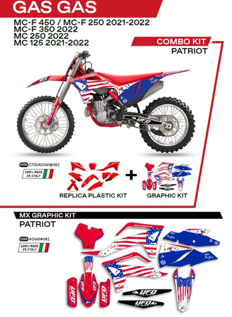 UFO KOMPLET PLASTIKÓW GGKIT702062 PLUS KOMPLET NAKLEJEK (OKLEIN) GAS GAS MC 125 '21-'22; MC 250 '22; MCF 250/350/450 '21-'22 W ZESTAWIE PRZEDNIA TABLICA (GG07130) ORAZ OSŁONY AMORTYZATORÓW (GG07131) PATRIOT KOLOR CZERWONY - WYPRZEDAŻ