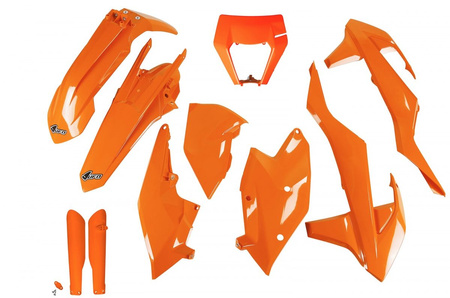 UFO KOMPLET PLASTIKÓW (FULL KIT) Z OSŁONAMI TELESKOPÓW (AMORTYZATORÓW) KTM EXC/EXC-F TPI '17-'19 Z OSŁONĄ LAMPY KOLOR POMARAŃCZOWY (KT523E127)