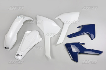 UFO KOMPLET PLASTIKÓW HUSQVARNA TE/TX 125/250/300 '17-19, FE 250/350/450/501 '17-19 KOLOR OEM (BIAŁY, OSŁONY CHŁODNIC NIEBIESKIE) (HU618E999)