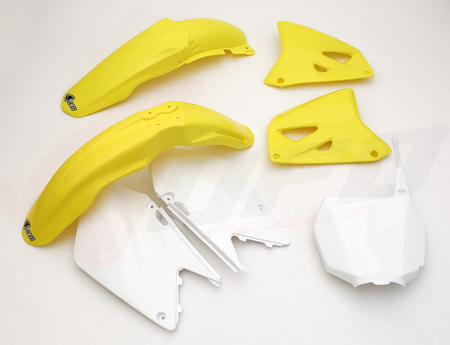 UFO KOMPLET PLASTIKÓW SUZUKI RM 125 '01-'22, RM 250 '01-'22 KOLOR OEM (BIAŁY/ŻÓŁTY) (SU402E999)