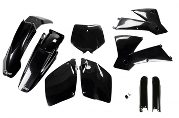 UFO KOMPLET PLASTIKÓW (FULL KIT) Z OSŁONAMI TELESKOPÓW (AMORTYZATORÓW) KTM SX-SXF '01-'02 KOLOR CZARNY