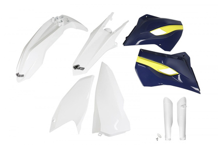 UFO KOMPLET PLASTIKÓW (FULL KIT) Z OSŁONAMI TELESKOPÓW (AMORTYZATORÓW) HUSQVARNA TE/FE 125/250/300/350/450 '15-'16 KOLOR OEM '15 (BIAŁY/ŻÓŁTY) (HU615E999)