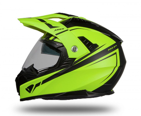 UFO KASK ARIES OFFROAD / DUAL / TOURER / CROSSOVER Z SZYBĄ, DASZKIEM I BLENDĄ PRZECIWSŁONECZNĄ KOLOR ŻÓŁTY FLUO/CZARNY MAT ROZMIAR XL ( ECE 22R06 ) - KOLEKCJA 2023