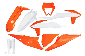 UFO KOMPLET PLASTIKÓW (FULL KIT) Z OSŁONAMI TELESKOPÓW (AMORTYZATORÓW) KTM EXC 125 '20-'21, EXC 250 / 300 TPI '20-'23, EXC-F 250 / 350 / 450 / 500 '20-'23 Z OSŁONĄ LAMPY KOLOR OEM '23 (BIAŁY/POMARAŃCZOWY)