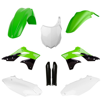POLISPORT KOMPLET PLASTIKÓW (FULL KIT) KAWASAKI KX 250F '13-'16 W ZESTAWIE TABLICA PRZEDNIA (8659200003) I OSŁONY AMORTYZARORÓW (8351800002) KOLOR ZIELONY BIAŁY CZARNY OEM