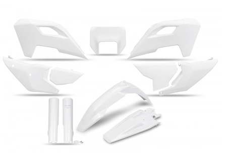 UFO KOMPLET PLASTIKÓW (FULL KIT) Z OSŁONAMI TELESKOPÓW (AMORTYZATORÓW) HUSQVARNA TE 150 / 250 / 300 '24, FE 250 / 350 / 450 / 501 '24, KOLOR BIAŁY