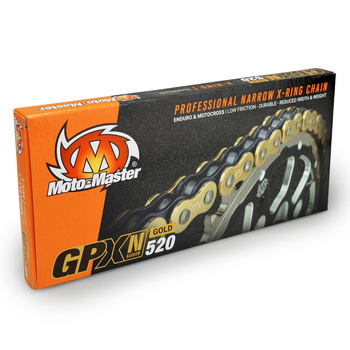 MOTO-MASTER ŁAŃCUCH NAPĘDOWY GPXN-520G PROFESSIONAL NARROW X-RING MOTOCROSS / ENDURO RACING X-RING CHAIN KOLOR ZŁOTY / CZARNY (120 OGNIW, ZAPINKA W ZESTAWIE)