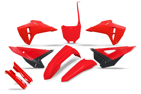 UFO 2024/11 KOMPLET PLASTIKÓW (FULL KIT) Z OSŁONAMI TELESKOPÓW (AMORTYZATORÓW) HONDA CRF 250R / 450R '25 KOLOR OEM (CZERWONY / CZARNY)