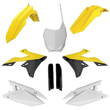 POLISPORT KOMPLET PLASTIKÓW (FULL KIT) SUZUKI RMZ 250 '19-'24; RMZ 450 '18-'24 W ZESTAWIE TABLICA PRZEDNIA (8666100002) I OSŁONY AMORTYZARORÓW (8398300002) KOLOR ŻÓŁTY CZARNY BIAŁY OEM
