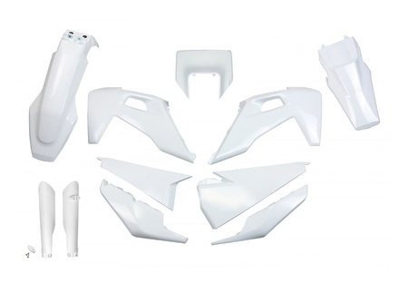 UFO KOMPLET PLASTIKÓW (FULL KIT) Z OSŁONAMI TELESKOPÓW (AMORTYZATORÓW) HUSQVARNA TX / TE 125 / 150 / 250 / 300 '20-'22, FE 250 / 350 / 450 / 501 '20-'23 KOLOR BIAŁY