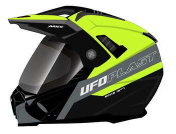 UFO KASK ARIES OFFROAD / DUAL / TOURER / CROSSOVER Z SZYBĄ, DASZKIEM I BLENDĄ PRZECIWSŁONECZNĄ KOLOR CZARNY/SZARY/ŻÓŁTY FLUO ROZMIAR S ( ECE 22R06 ) - KOLEKCJA 2024