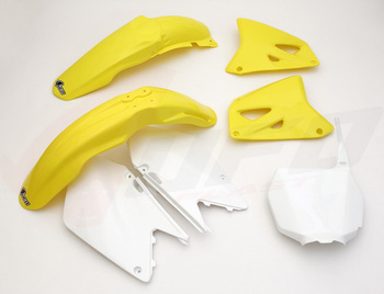 UFO KOMPLET PLASTIKÓW SUZUKI RM 125 '01-'22, RM 250 '01-'22 KOLOR OEM (BIAŁY/ŻÓŁTY) (SU402E999)
