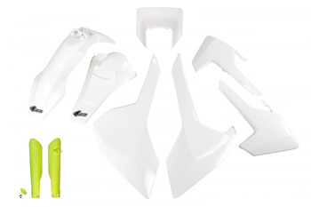 UFO KOMPLET PLASTIKÓW (FULL KIT) Z OSŁONAMI TELESKOPÓW (AMORTYZATORÓW) HUSQVARNA TX/TE/FE '17-'19 Z OSŁONĄ LAMPY KOLOR OEM (BIAŁY) (HU621E999W)