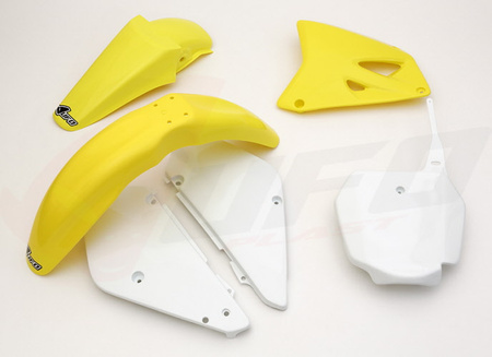 UFO KOMPLET PLASTIKÓW SUZUKI RM 85 '00-'21 KOLOR OEM '00-'15 I '18-'20 OEM (BIAŁY/ŻÓŁTY) (SU405E999)