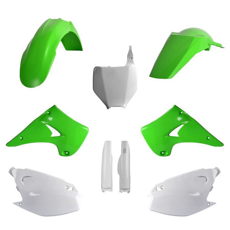 POLISPORT KOMPLET PLASTIKÓW (FULL KIT) KAWASAKI KX 125/250 '04-'08 W ZESTAWIE TABLICA PRZEDNIA (8660800002) I OSŁONY AMORTYZARORÓW (8398000001) KOLOR ZIELONY OEM