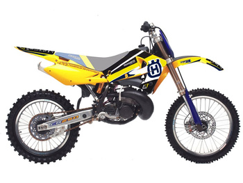 BLACKBIRD KOMPLET NAKLEJEK (OKLEIN) HUSQVARNA CR/WR '00-'05, TE/TC 250/450/510 '02-'04 DREAM 4 KOLOR ŻÓŁTY NIEBIESKI