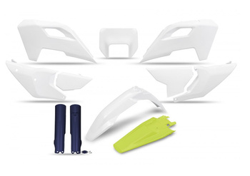 UFO KOMPLET PLASTIKÓW (FULL KIT) Z OSŁONAMI TELESKOPÓW (AMORTYZATORÓW) HUSQVARNA TE 150 / 250 / 300 '24, FE 250 / 350 / 450 / 501 '24, KOLOR OEM BIAŁY ŻÓŁTY