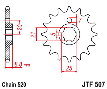 JT ZĘBATKA PRZEDNIA 507 13 KAWASAKI KX 250 '79-86' KX 500 '83-86' KLT200/250 '80-85' HUSQVARNA CR/WR 250/360 '90-98' (50713JT) (ŁAŃC. 520)