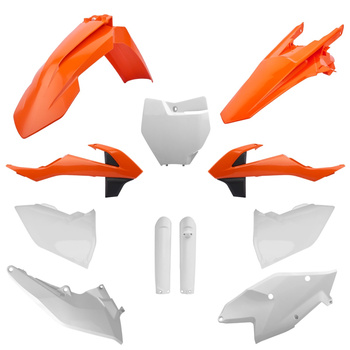 POLISPORT KOMPLET PLASTIKÓW (FULL KIT) KTM SX/SX-F '16-'18 W ZESTAWIE TABLICA PRZEDNIA (8664900002) I OSŁONY AMORTYZATORÓW (8398600002) KOLOR BIAŁY POMARAŃCZOWY