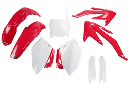 UFO KOMPLET PLASTIKÓW (FULL KIT) Z OSŁONAMI TELESKOPÓW (AMORTYZATORÓW) HONDA CRF 450 R '05-'06 KOLOR OEM (CZERWONY/BIAŁY) (HO108E999)