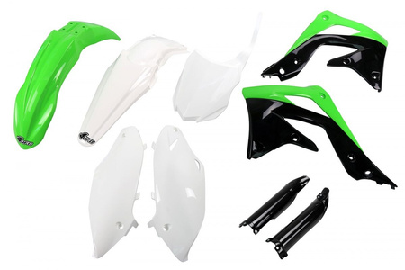 UFO KOMPLET PLASTIKÓW (FULL KIT) Z OSŁONAMI TELESKOPÓW (AMORTYZATORÓW) KAWASAKI KXF 450 '13-'15 KOLOR OEM (ZIELONY/BIAŁY/CZARNY) (KA220E999)
