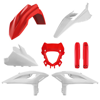 POLISPORT KOMPLET PLASTIKÓW (FULL KIT) BETA RR 2T/4T RACING '25; RR 2T/4T X-PRO 25 W ZESTAWIE OSŁONA LAMPY (8681200001) I OSŁONY AMORTYZATORÓW (8399100001) KOLOR CZERWONY BIAŁY