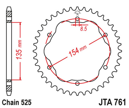 JT ZĘBATKA TYLNA ALUMINIOWA (ERGAL) DUCATI 1098/R /S '07-'09, STREETFIGHTER 1099 '09-'13, 1198R/S '09-'11, 1199 PANIGALE '12-'15, 1299 PANIGALE '15-'19, PANIGALE V4S '18-'21, MONSTER 1200 '14-'20 (ŁAŃC. 525)