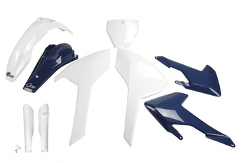 UFO KOMPLET PLASTIKÓW (FULL KIT) Z OSŁONAMI TELESKOPÓW (AMORTYZATORÓW) HUSQVARNA TC/FC 125/250/300/350/450 '16-'18 (Z WYJĄTKIEM TC 250 '16) KOLOR OEM '16 (BIAŁY/NIEBIESKI) (HU616E999)