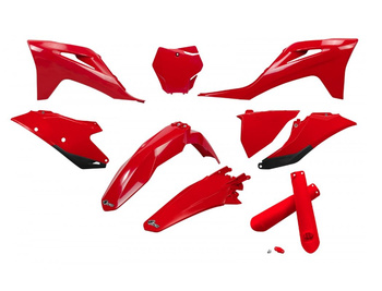 UFO KOMPLET PLASTIKÓW (FULL KIT) Z OSŁONAMI TELESKOPÓW (AMORTYZATORÓW) GAS GAS MC 125 / 250 '21-'23, EX 250 / 300 '21-'23, MC-F / EX-F 250 / 350 / 450 '21-'23 KOLOR CZERWONY