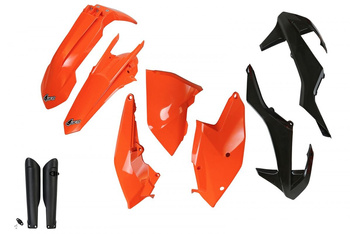 UFO KOMPLET PLASTIKÓW (FULL KIT) Z OSŁONAMI TELESKOPÓW (AMORTYZATORÓW) KTM EXC/EXC-F TPI '17-'19, KOLOR OEM '17 I '19 OEM (POMARAŃCZOWY/CZARNY) (KT518E999)