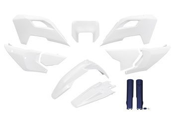 UFO 2024/11 KOMPLET PLASTIKÓW (FULL KIT) Z OSŁONAMI TELESKOPÓW (AMORTYZATORÓW) HUSQVARNA TE 150 / 250 / 300 '24-'25, FE 250 / 350 / 450 / 501 '24-'25 KOLOR OEM '25 BIAŁY / NIEBIESKI