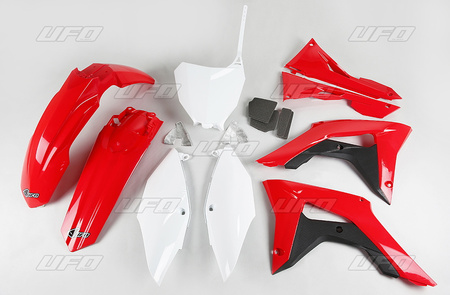 UFO KOMPLET PLASTIKÓW HONDA CRF 250R '18-'21, CRF 450R '17-'20 Z OSŁONAMI FILTRA POWIETRZA KOLOR OEM (CZERWONY/BIAŁY) (HO123E999)