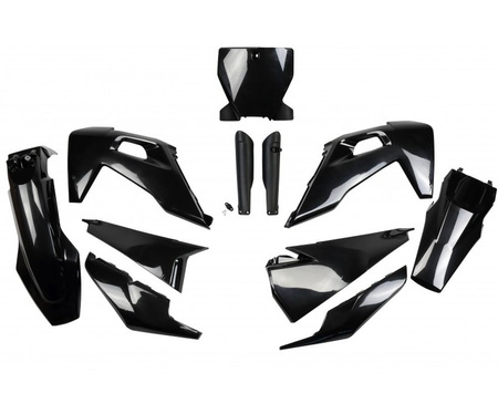 UFO KOMPLET PLASTIKÓW (FULL KIT) Z OSŁONAMI TELESKOPÓW (AMORTYZATORÓW) HUSQVARNA TC 125/250 '19-'22, FC 250/350/450 '19-'22 KOLOR CZARNY (HU622E001)