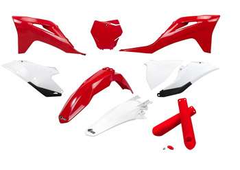 UFO KOMPLET PLASTIKÓW (FULL KIT) Z OSŁONAMI TELESKOPÓW (AMORTYZATORÓW) GAS GAS MC 125 / 250 '21-'23, EX 250 / 300 '21-'23, MC-F / EX-F 250 / 350 / 450 '21-'23 KOLOR OEM CZERWONY BIAŁY